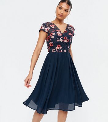 Chi Chi London Navy Floral Lace Skater ...